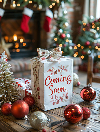 close up photo of Holiday gift with 'Coming Soon' message, surrounded by Christmas ornaments and festive decorations by a warm fireplace, ready for celebrations