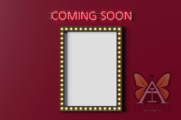 A red wall with the words "Coming soon" written on it, accompanied by a mockup of a movie poster with a light bulb glowing in the border.3d rendering